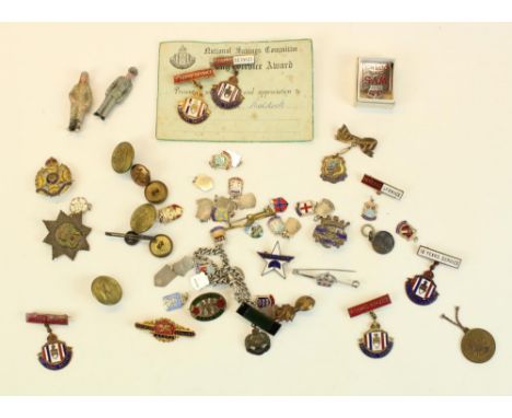 Collection of various enamel and other lapel badges, including For Home And Country, association badges, National Savings ena