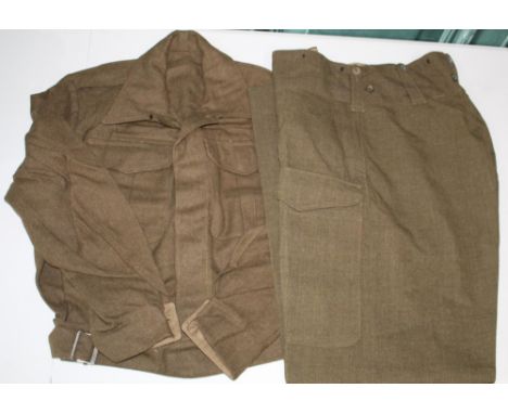 British 1941 battle dress blouse, size 6, pair of 1942 officers trousers, pair of battle dress trousers (3) 