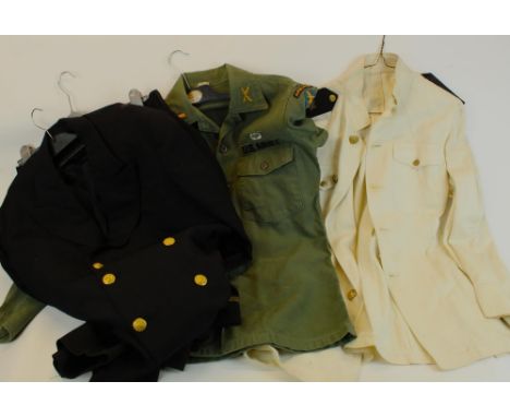 US Navy white uniform jacket, US army fatigue shirt and a US Navy dress jacket and trousers 