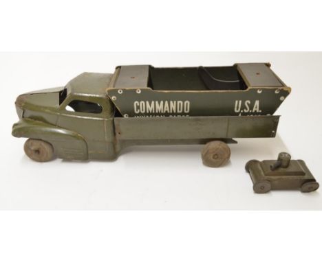 Vintage metal plate "Buddy L" army truck, a wooden "Commando" invasion barge (damaged ramp hinge) and a small child's wooden 
