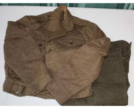 British 1940 pattern 1943 battle dress blouse, size 18, in excellent condition, pair of post war battle dress trousers, pair 