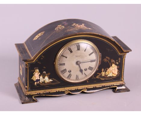 A 1920s chinoiserie lacquered mantel clock, 8 1/2" high