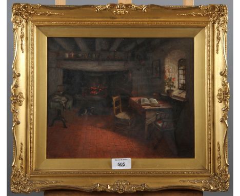 John Marshall, 1882: oil on canvas, "The Light at Home", cottage interior, 11 1/2" x 9", in gilt frame