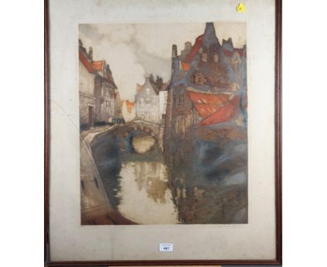 An early 20th century coloured mezzotint, Continental canal scene, in strip frame, and a Farrington print, Henley, in strip f