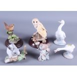 A Lladro goose, a Lladro rabbit, a songbird, a Nao goose and two composition birds