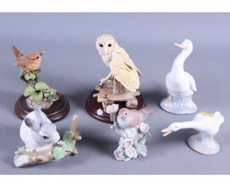 A Lladro goose, a Lladro rabbit, a songbird, a Nao goose and two composition birds