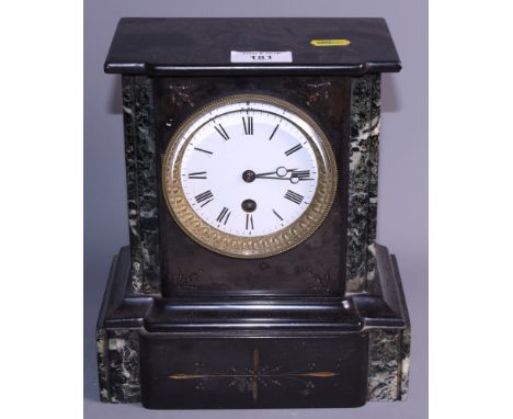 A Victorian mantel clock, in black slate and green marble case, 9 1/2" high