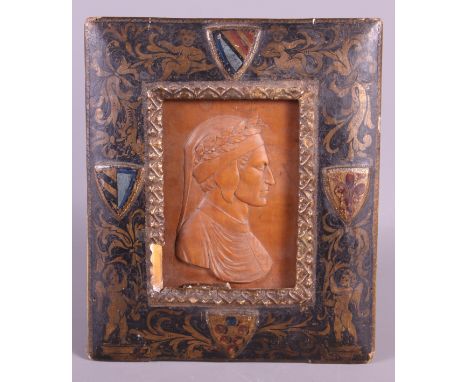 A carved boxwood portrait of Dante, in gilt decorated easel frame with arms of Florence, 9 1/2" x 8 1/2"