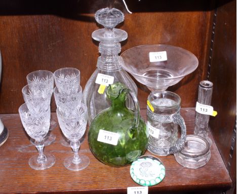 A set of six Thomas Webb sherry glasses, a decanter and stopper, a Murano paper weight and other glass