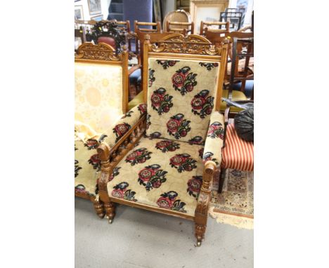 A late Victorian light oak framed armchair, upholstered in mohair velvet and silk brocade, with carved top rail, spindle and 
