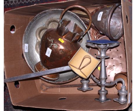 A copper sieve, a copper water pot, a copper crumb scoop and brush, a copper funnel, a copper cream skimmer and a copper ladl