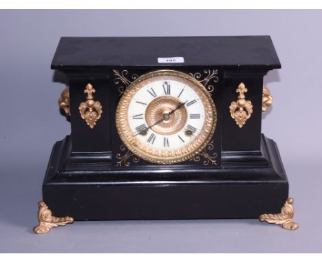 A late 19th century black slate and gilt mounted mantel clock with eight-day striking movement, 10 1/2" high