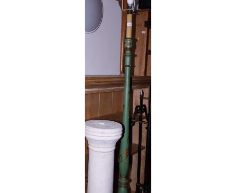 A blue painted and chinoiserie lacquer decorated standard lamp and a companion green decorated standard lamp