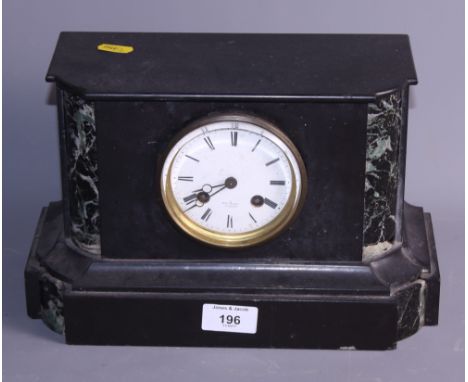 A 19th century French black slate and veined marble mantel clock with eight-day striking movement and white enamel dial, 7 1/