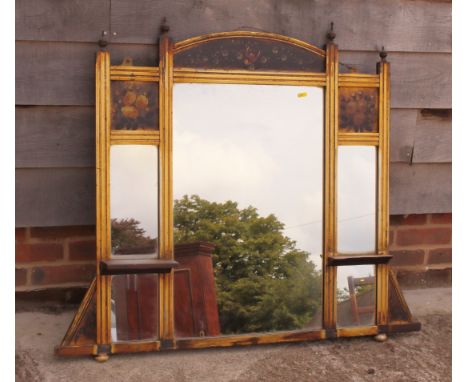 An Edwardian giltwood framed overmantel mirror decorated flower and bird painted panels, 39" x 44"