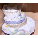 Three Shelley floral decorated cake plates, a matching larger plate and a number of Shelley tea