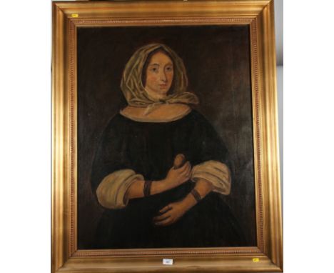 An early 19th century oil on canvas, portrait of a woman holding a fruit, 28 1/2" x 36", in gilt frame