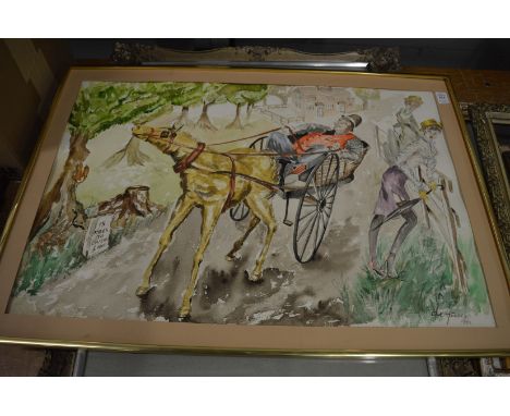 Eric Holden, an amusing watercolour depicting man in a horse drawn cart together with a botanical study and a painting after 