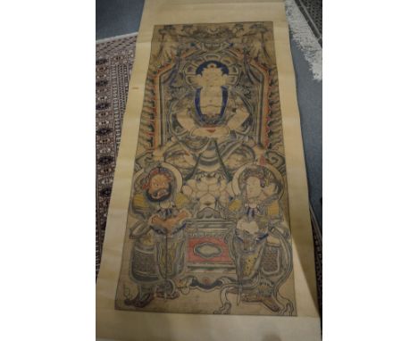 Three Chinese scroll paintings.
