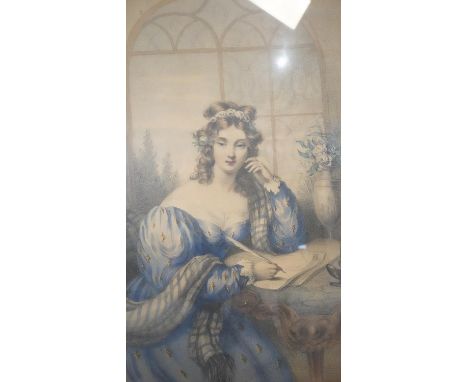 A gilt framed and glazed 19th century hand coloured engraving of a lady in a blue dress at her writing desk with quill in han