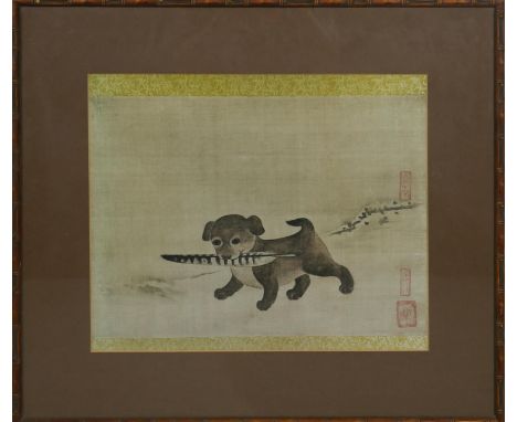 A framed and glazed print of a woodblock print, Yi Am (Korean) - Puppy Playing With A Pheasant Feather.  H.55 W.62cm 