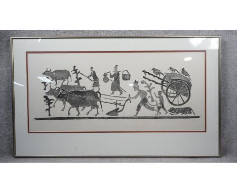 A large framed and glazed Chinese wood block print of farmers ploughing a field with cattle. H.65 W.105 