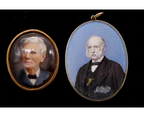 Two oval framed antique miniatures. One of an elderley gentleman with white hair on ceramic and one framed and glazed miniatu