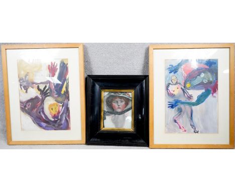 A pair of expressionist figural studies, acrylic on paper, and a framed oil on board, female portrait. H.45 W.58 