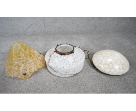 Three Art Deco glass pedant light shades, one with handkerchief design with orange and white marbled glass, one with marble e