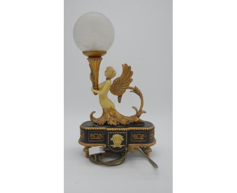 A gilded resin contemporary light in the style of a French ormolu candlestick, with frosted glass globe shade. H.50cm 