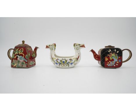 Two cloisonné enamel Trade+Aid miniature teapots along with a vintage porcelain Porsgrund Norway two dragon headed Viking shi