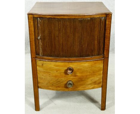 A Georgian mahogany and satinwood strung night commode with tambour fronted section above pull out base on square supports. H