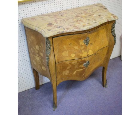 BOMBE COMMODE, late 19th/early 20th century French tulipwood, marquetry and gilt metal mounted with marble top above two draw