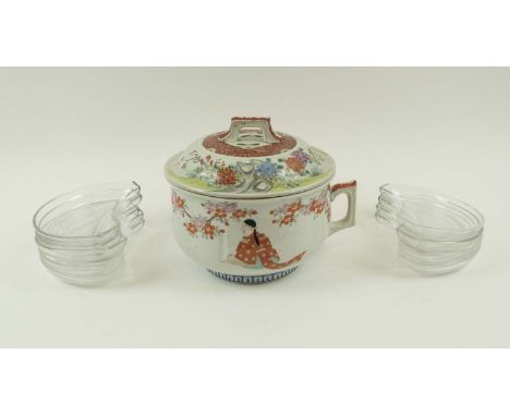 SET OF EIGHT VAL ST. LAMBERT GLASS CRESCENT SALAD DISHES; and an Oriental ceramic lidded chamber pot. (9)