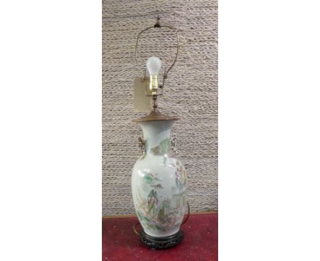 LAMPS, a pair, Japanese ceramic duck egg blue with script and figures in garden lakescape (pierced wooden base), 63cm H. (2)