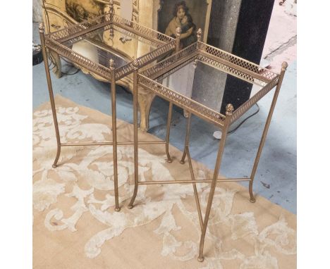 OCCASIONAL TABLES, a pair, gilt metal framed, each with a pierced gallery and a square mirror top joined by an X stretcher, 3