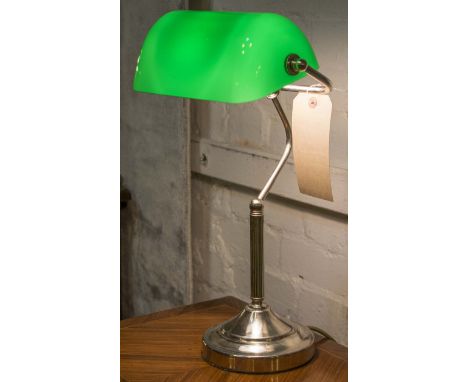 BANKERS LAMP, traditional silvered metal with adjustable green glass shade, 46cm H x 26cm.