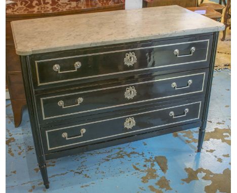 COMMODE, 18th century Louis XVI ebonised and silver metal mounted with three long drawers and fluted pilasters, 89cm H x 113c