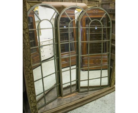 GARDEN MIRRORS, a set of three, Architectural style verdigris metal framed with an arched top, 66cm W x 159cm H. (3)