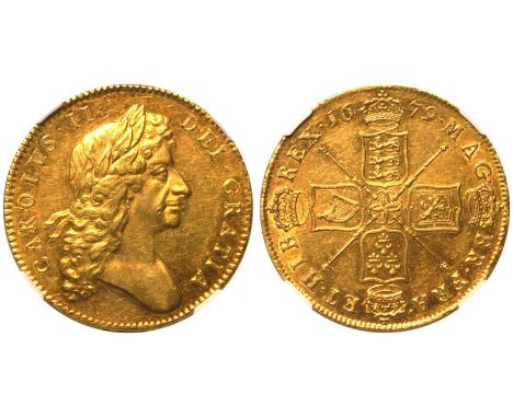 ENGLAND. Charles II, 1660-85. Gold 5 Guineas, 1679. Tower Mint. Struck during the English Restoration following the tumultuou