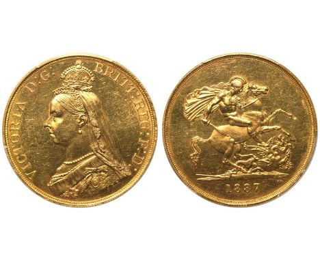 UNITED KINGDOM. Victoria, 1837-1901. Gold 5 Pounds (5 Sovereigns), 1887. London. Obv: Jubilee head of Queen Victoria facing l