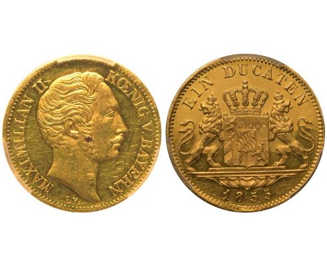 GERMANY. BAVARIA. Maximilian II. Gold 1 Ducat, 1855. Munich. Crowned Arms. Bare head of Maximillian II right, legend around, 