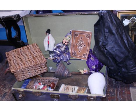 A vintage travel trunk and contents, shipping unavailable 