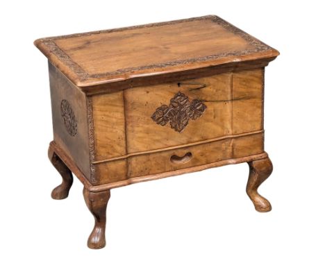 A vintage carved olive wood sewing box. 47x33x38cm