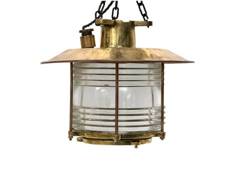 A large Early 20th Century Ships Lantern Nautical brass ceiling light. Lantern measures 37x32cm.