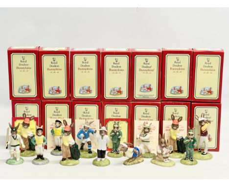 14 Royal Doulton Bunnykins. Sports related. Limited Edition Test Century Bunnykins. Caddie Bunnykins x3. Jockey Bunnykins x2.