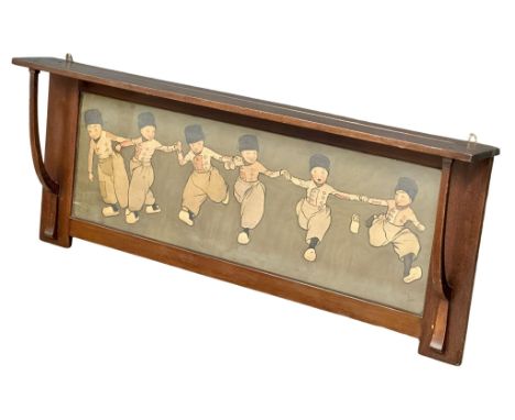 Liberty &amp; Co LTD. A Cecil Aldin Early 20th Century Arts &amp; Crafts framed Chromotypograph wall shelf. Retailed by Liber