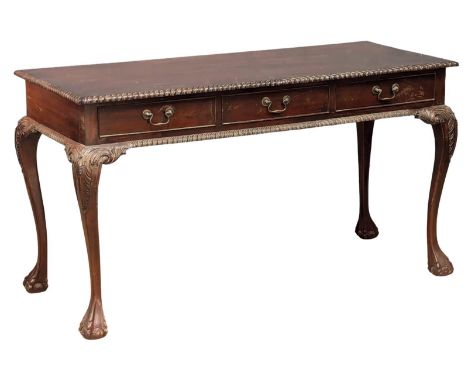 An Irish Chippendale style mahogany sofa table with 3 drawers and 3 dummy drawers on Ball &amp; Claw feet. 140x58x77cm
