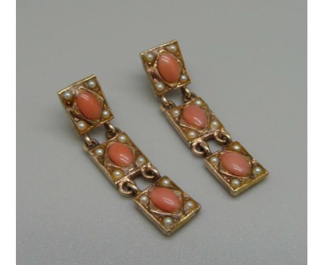 A pair of silver gilt, coral and seed pearl earrings, marked CM 