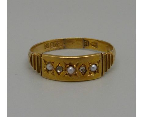 A Victorian 15ct gold, diamond and pearl ring, Chester 1895, 2.1g, P, shank repaired 